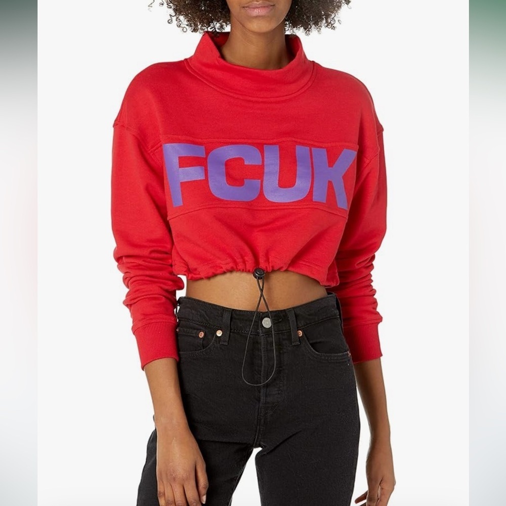 French Connection Women's FCUK Drawstring Cropped Sweater Size Small Red